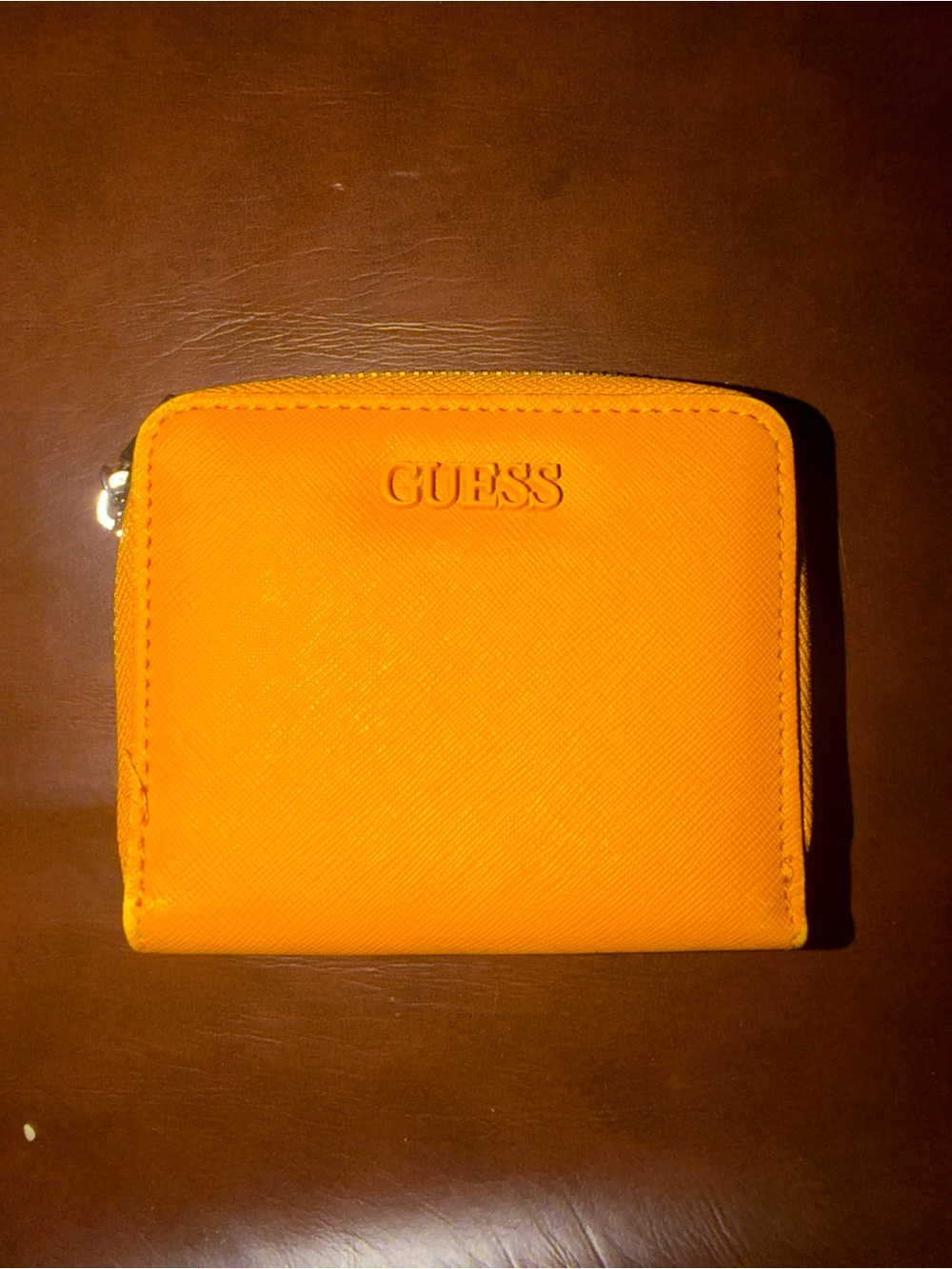 GUESS Orange Saffiano Zip Wallet with Embossed Logo